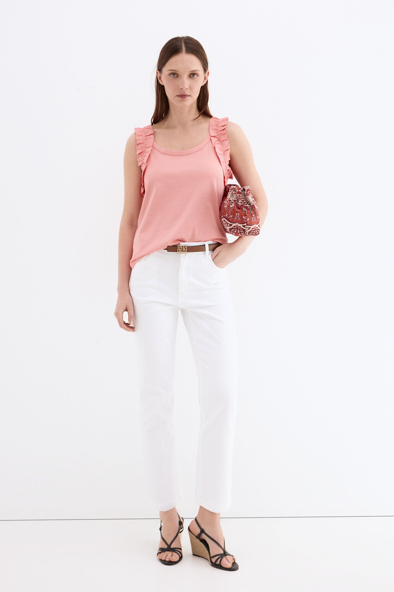 Pedro del Hierro T-shirt al&ccedil;as com folhos Coral