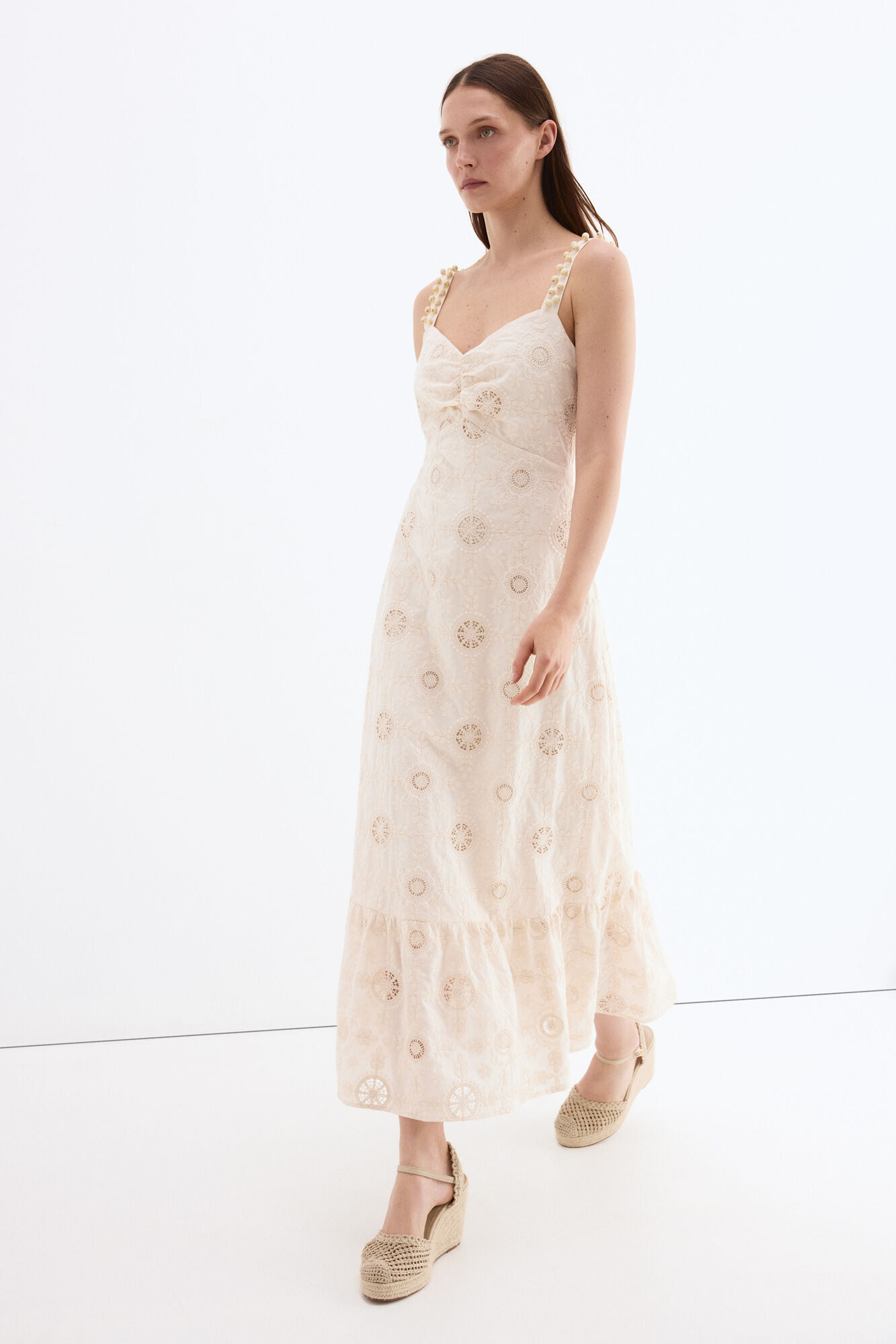 Pedro del Hierro Vestido comprido em algod&atilde;o com bordados
