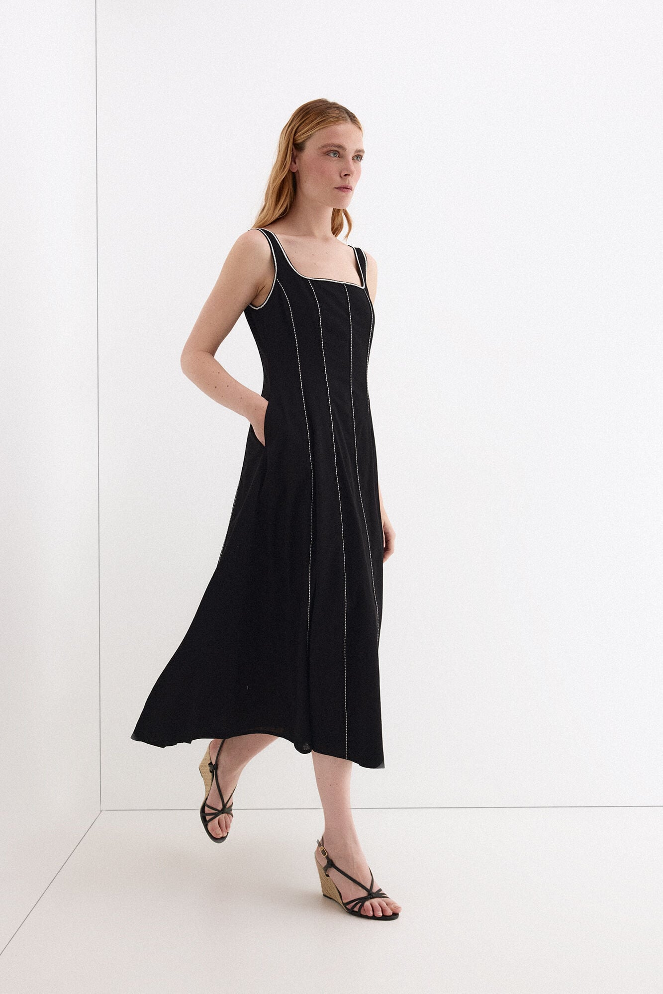 Pedro del Hierro Vestido midi com contrastes Preto