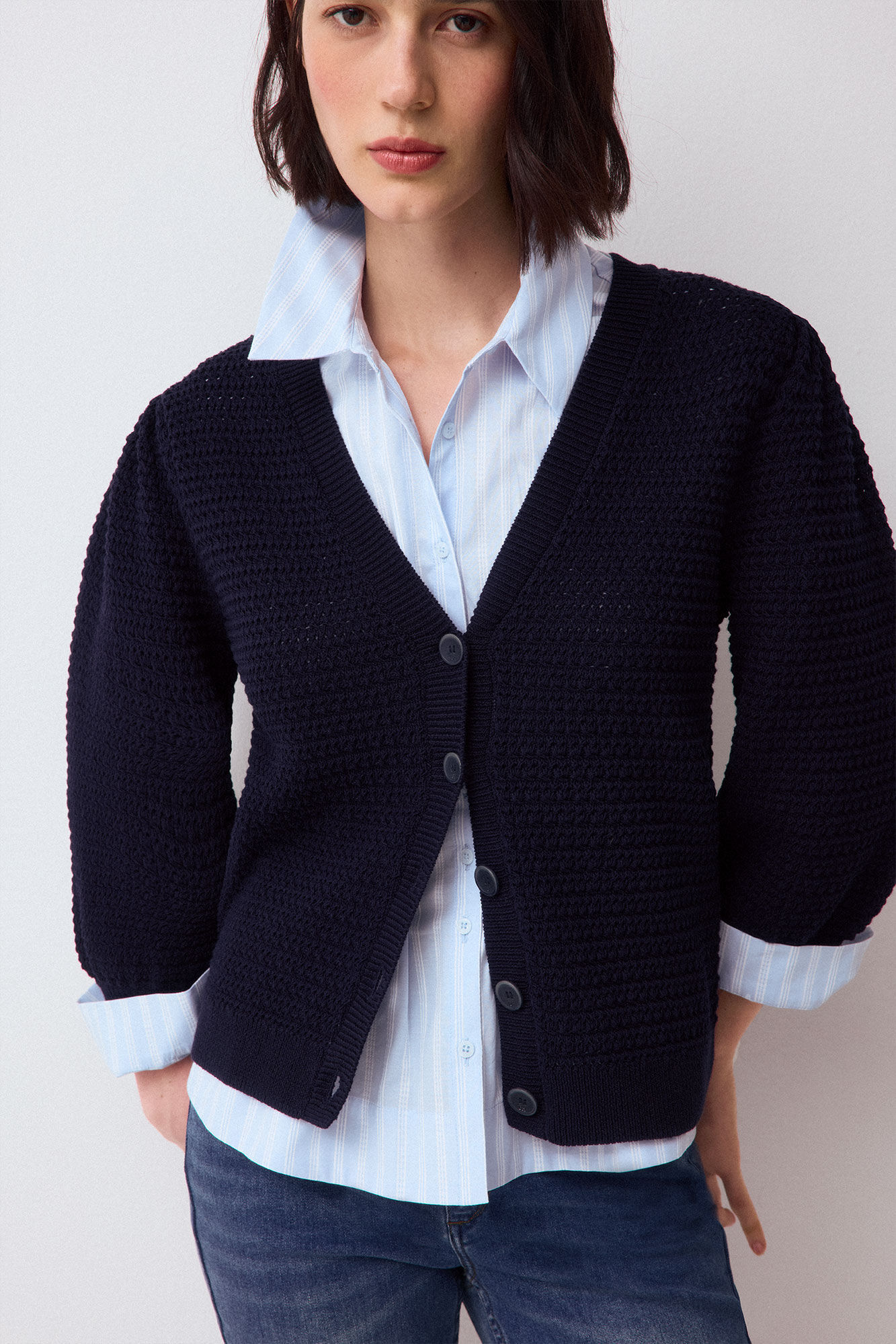 Pedro del Hierro Openwork structure puffed sleeve jacket